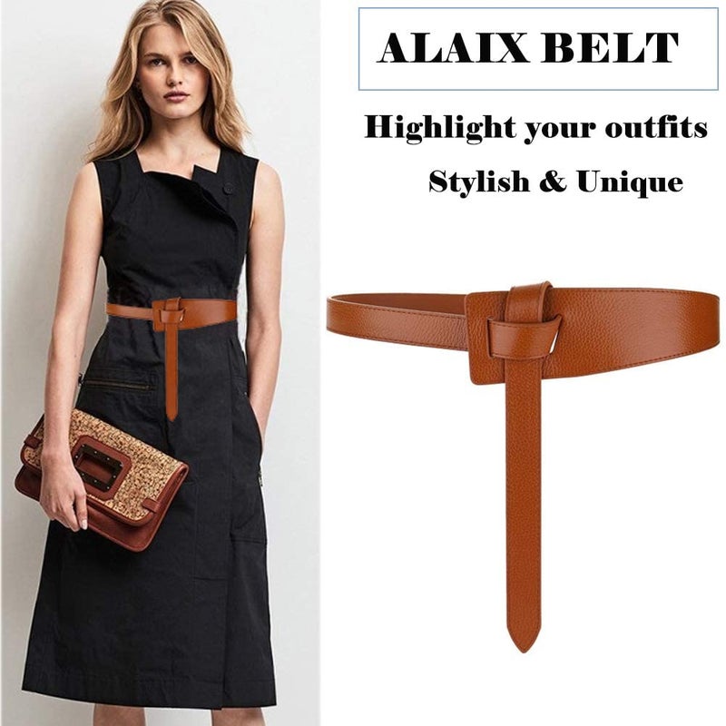 ALAIX Women's Leather Belt Dress Belt for Jumpsuit Coat Fashion Tie a Knot Waist Belt Brown - Image 2
